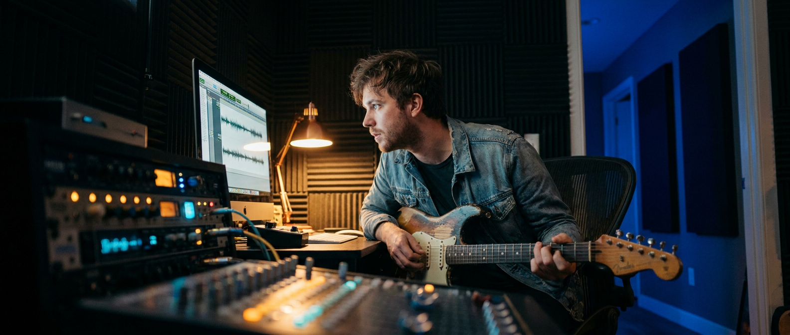 A musician plays electric guitar while reviewing audio tracks in a soundproofed recording studio.