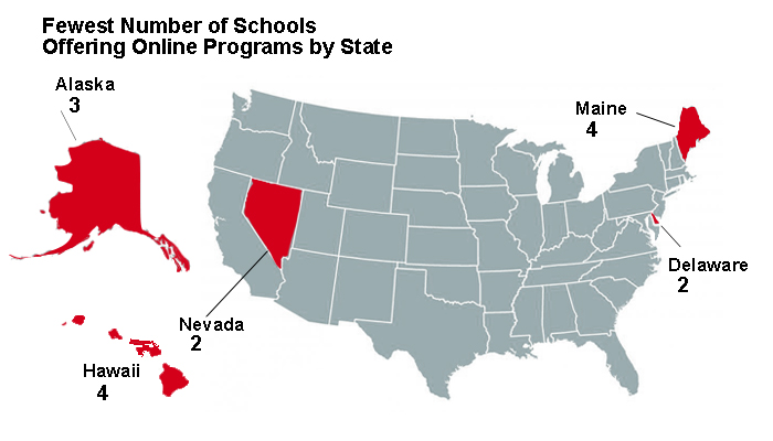 Fewest Number of Schools Offering Online Programs by State
