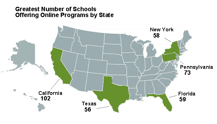Greatest Number of Schools Offering Online Programs by State