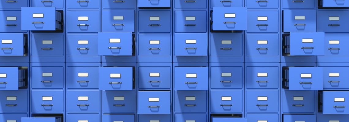 Archive file cabinets blue color background. Open drawers. 3d illustration File Storage for an Archivist