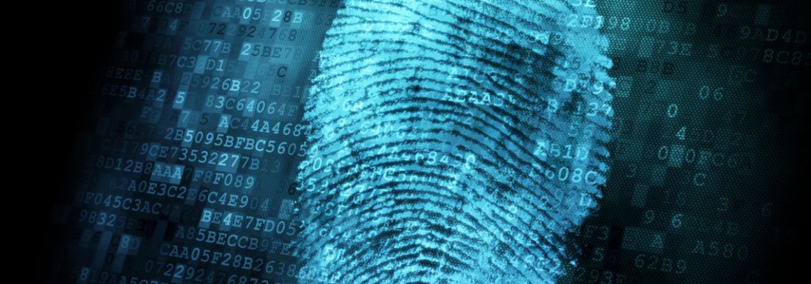 Binary code behind a blue digital fingerprint Digitized thumbprint represents computer forensics.