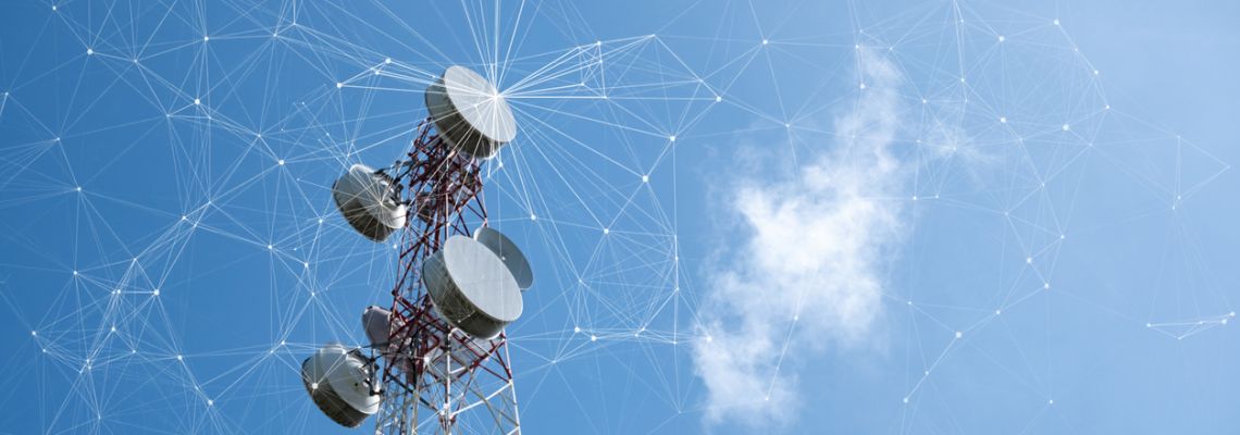 Telecommunications tower with stylized network that a telecommunications specialist creates.