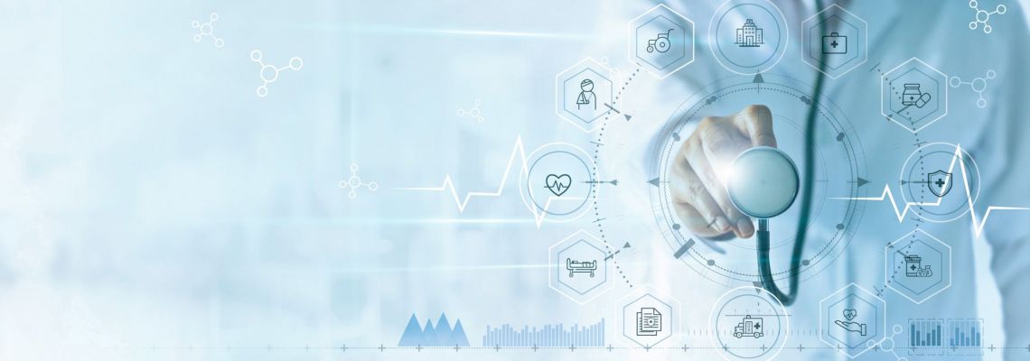 Medicine doctor with stethoscope in hand and icon insurance for health. Medical network connection on virtual screen interface. Innovation and modern medical technology concept Images shows icons of master's in healthcare administration & management careers