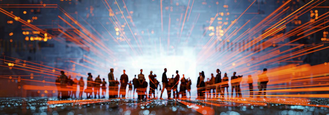 Futuristic city VR wire frame with group of people Cohort of bachelors in Information Technology students in digital image.