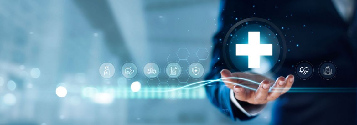 Businessman hold virtual medical network connection icons. Covid-19 pandemic develop people awareness and spread attention on their healthcare, rising growth in hospital and health insurance business. Master in Healthcare Administration icon.