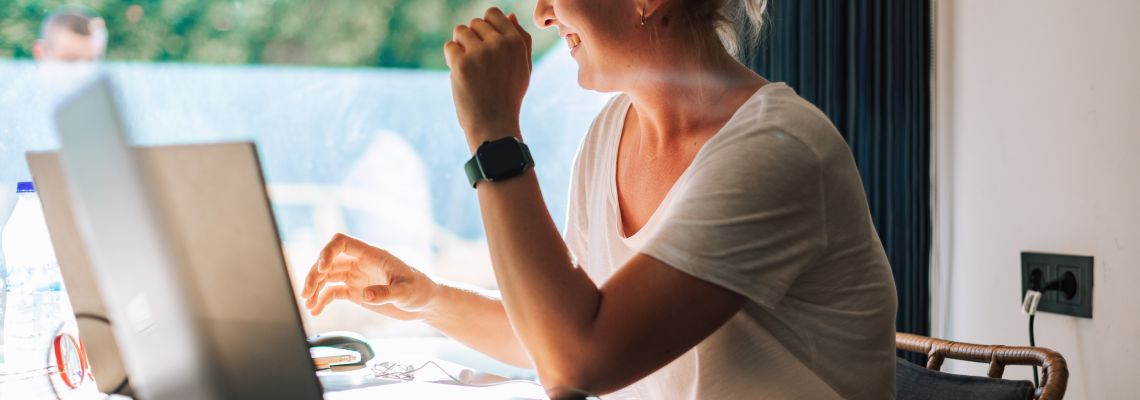 Highest Paying Master's Degrees, People working in digital office, girl using computer for work and e-learning. Female portrait of woman indoors who working online with laptop. Person with smart watch typing on keyboard. highest paying master's degrees