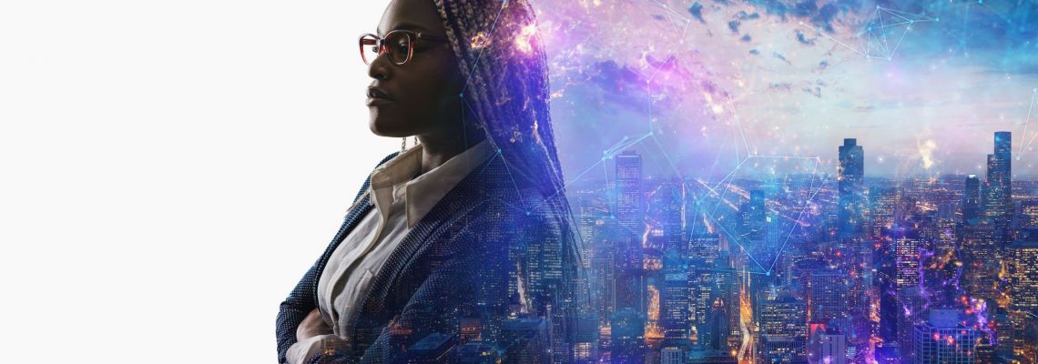online international business degree, Background concept with business people silhouette at work. Double exposure and light effects online international business degree