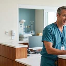 Smiling registered nurse in hospital scrubs reviewing information on a tablet while speaking with a colleague at a nurses’ station.
