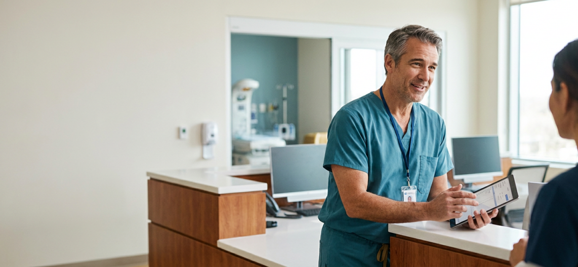 Smiling registered nurse in hospital scrubs reviewing information on a tablet while speaking with a colleague at a nurses’ station.