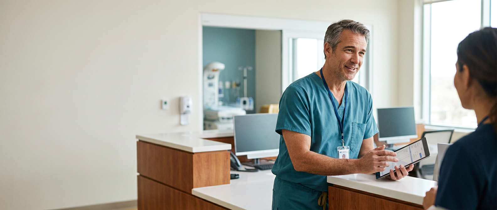 Smiling registered nurse in hospital scrubs reviewing information on a tablet while speaking with a colleague at a nurses’ station.