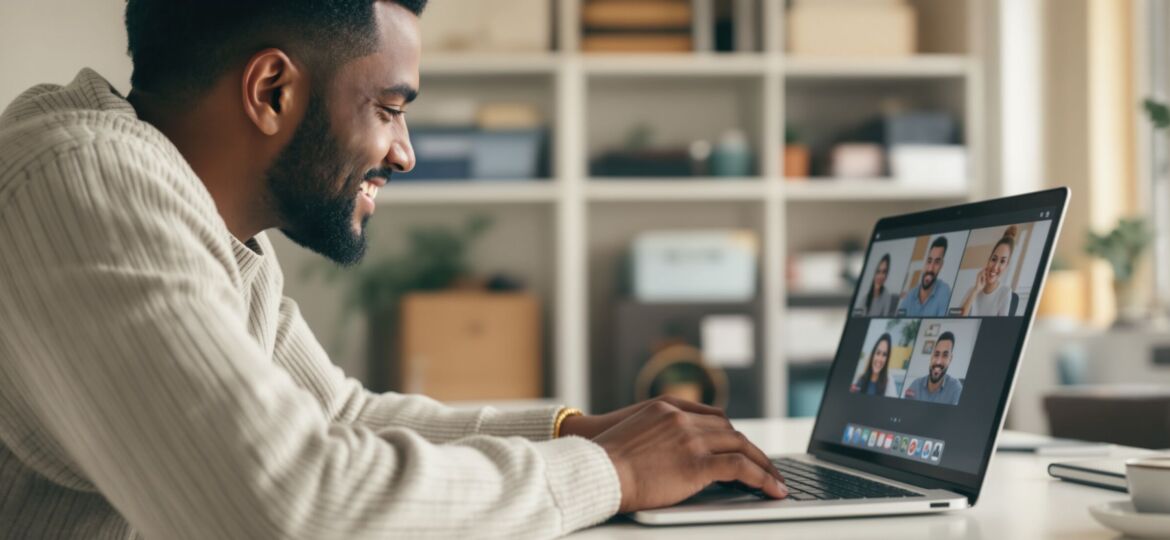Adult learner at home desk attending an online MLIS class on a laptop, with blurred bookshelves behind.