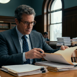 Attorney reviewing legal documents in a courthouse reading room, representing career advancement in law.