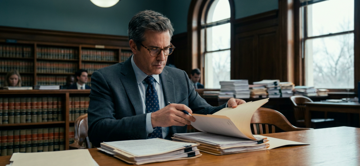 Attorney reviewing legal documents in a courthouse reading room, representing career advancement in law.