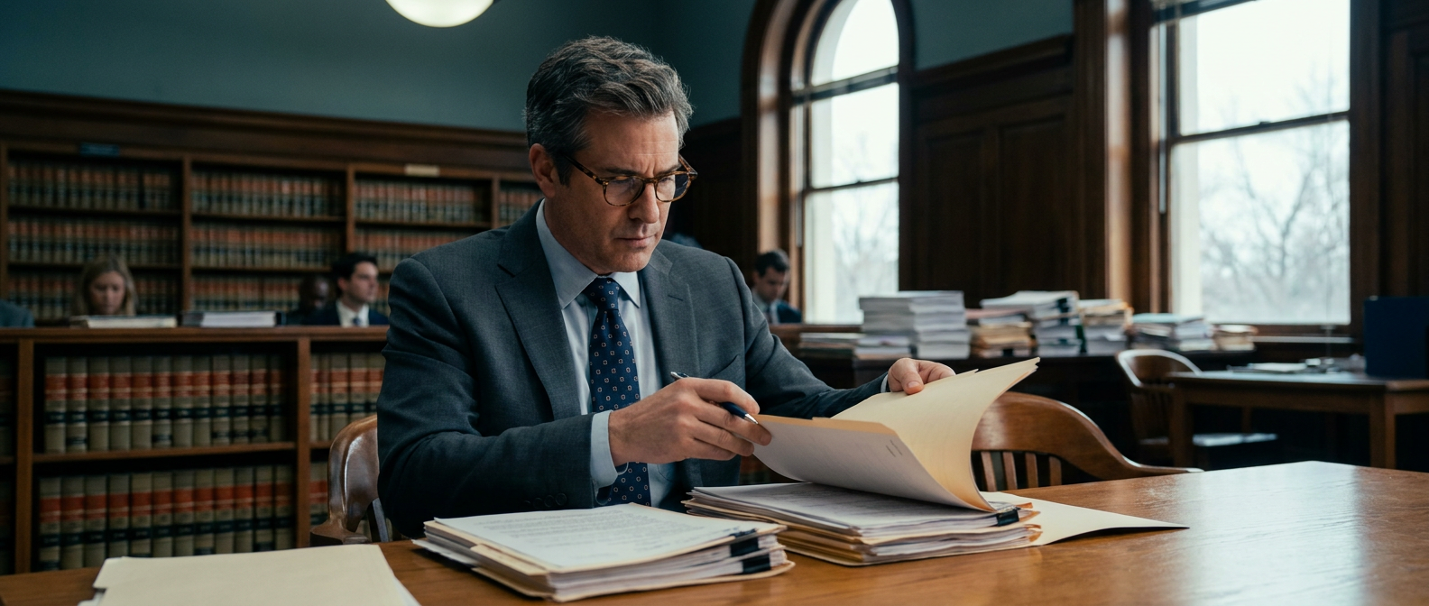 Attorney reviewing legal documents in a courthouse reading room, representing career advancement in law.