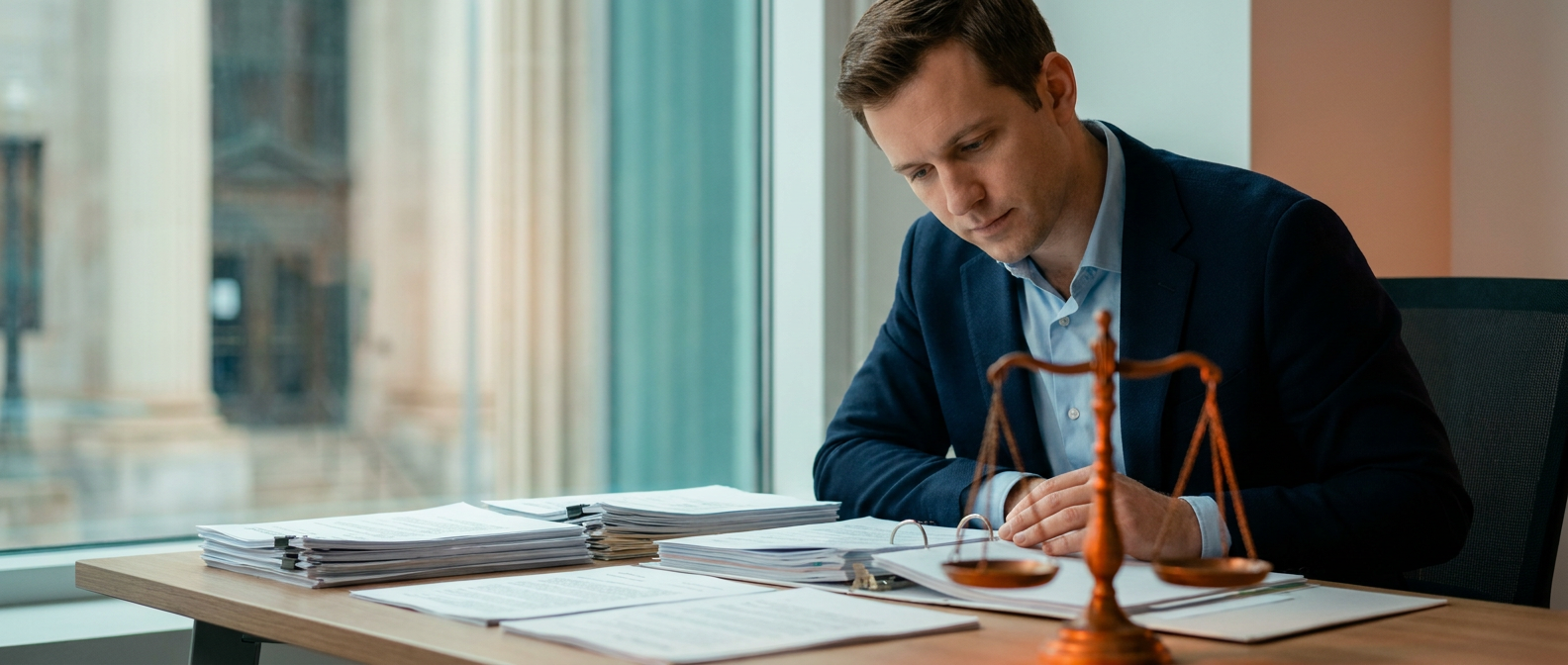 A lawyer reviews legal documents at a desk with stacks of case files while the scales of justice sit prominently in the foreground.