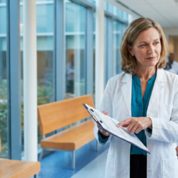 Nursing leader reviewing a patient chart in a modern clinical setting
