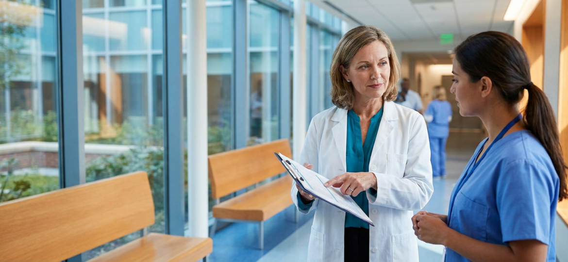 Nursing leader reviewing a patient chart in a modern clinical setting