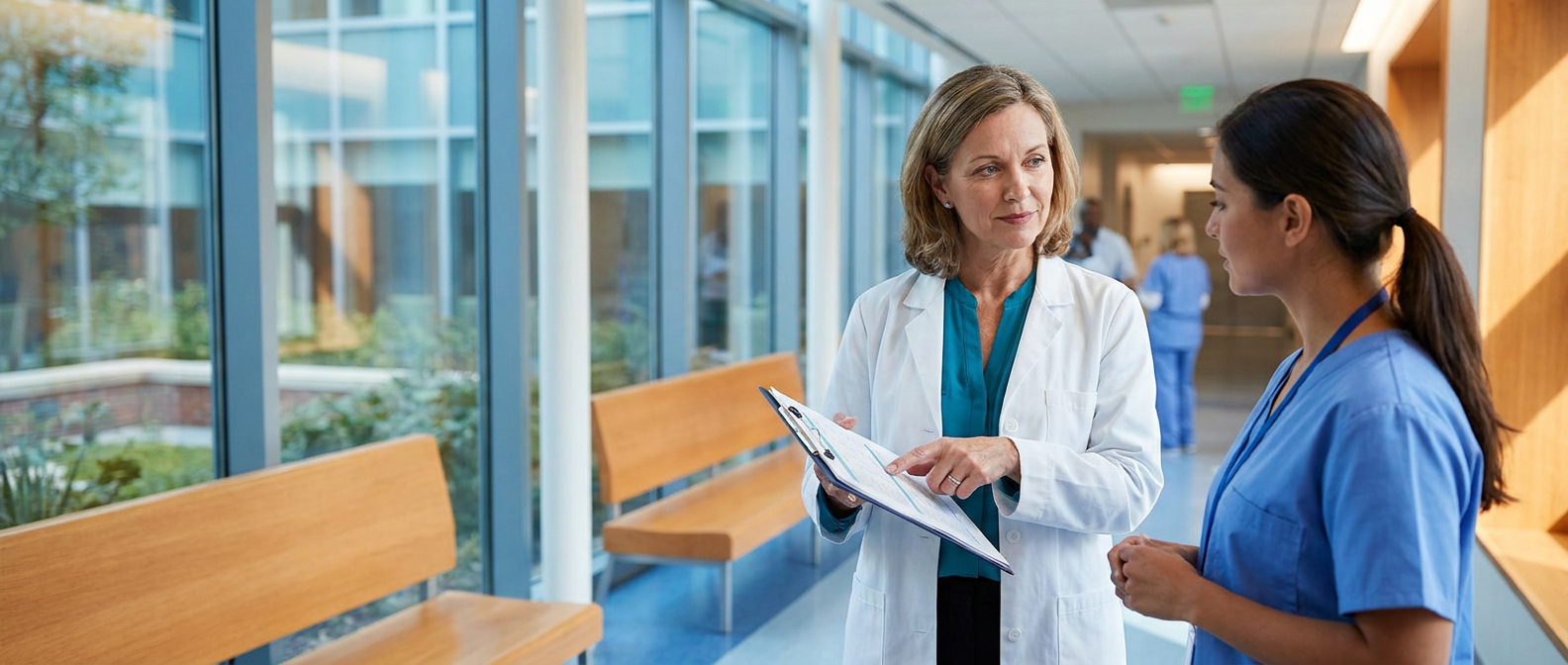 Nursing leader reviewing a patient chart in a modern clinical setting
