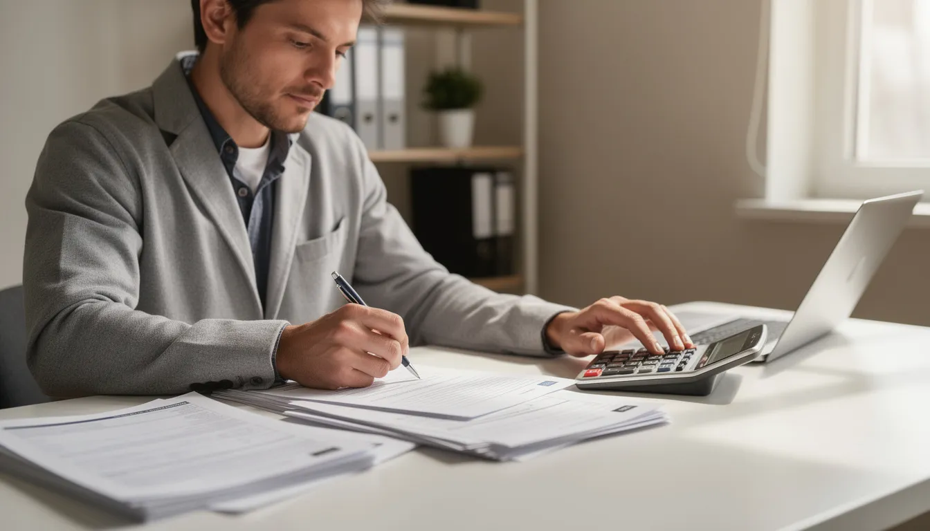 A person is sitting at a desk, completing paperwork with a calculator in front of them, likely working on financial aid forms for their college education. This scene reflects the important process of applying for scholarships and federal student aid among online students and graduate students.