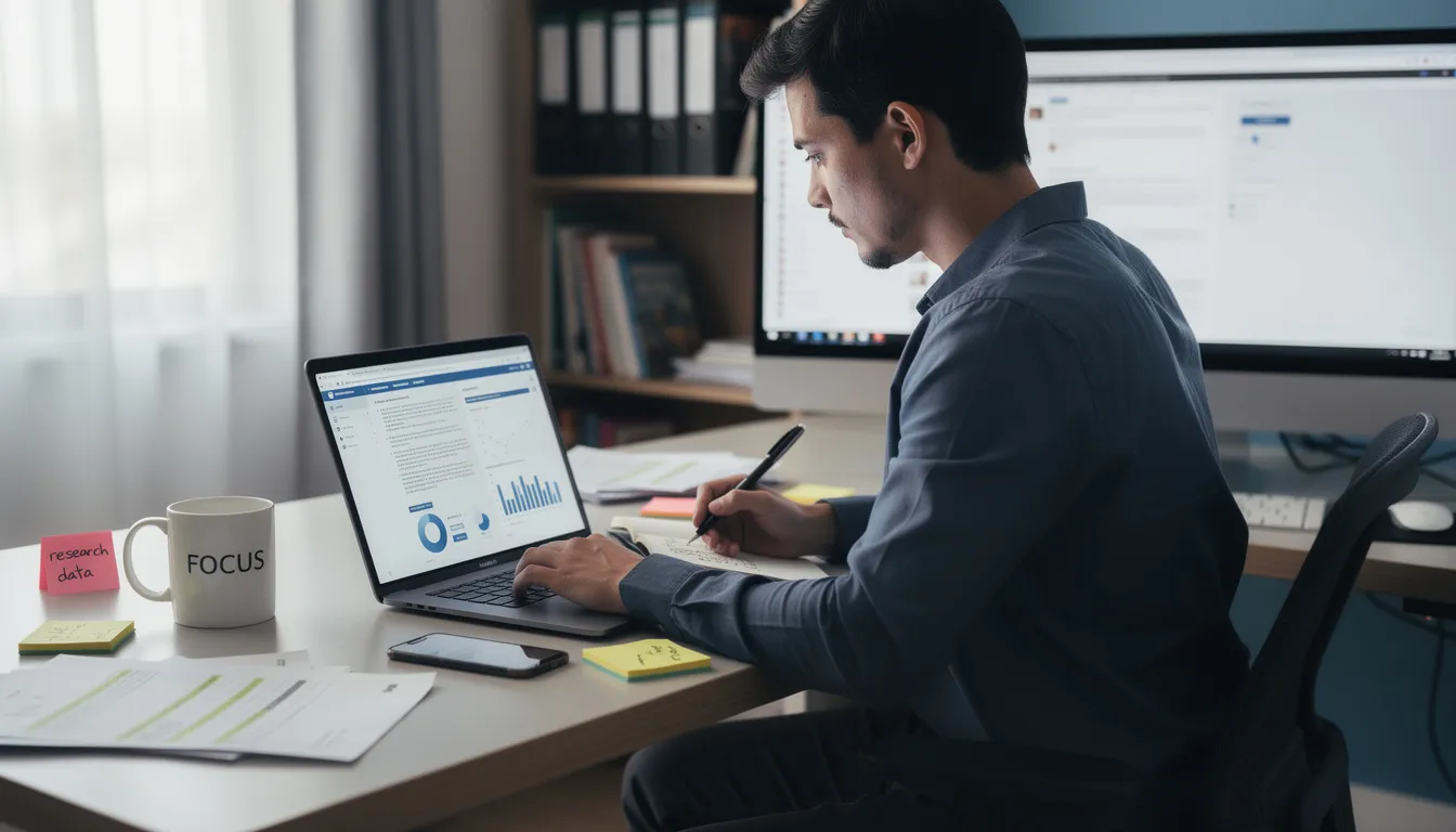 A focused person sits at a computer, diligently taking notes while researching various financial aid options for online college students, including scholarships and federal student loans. The scene captures the essence of higher education and the pursuit of a college education to achieve their career goals.