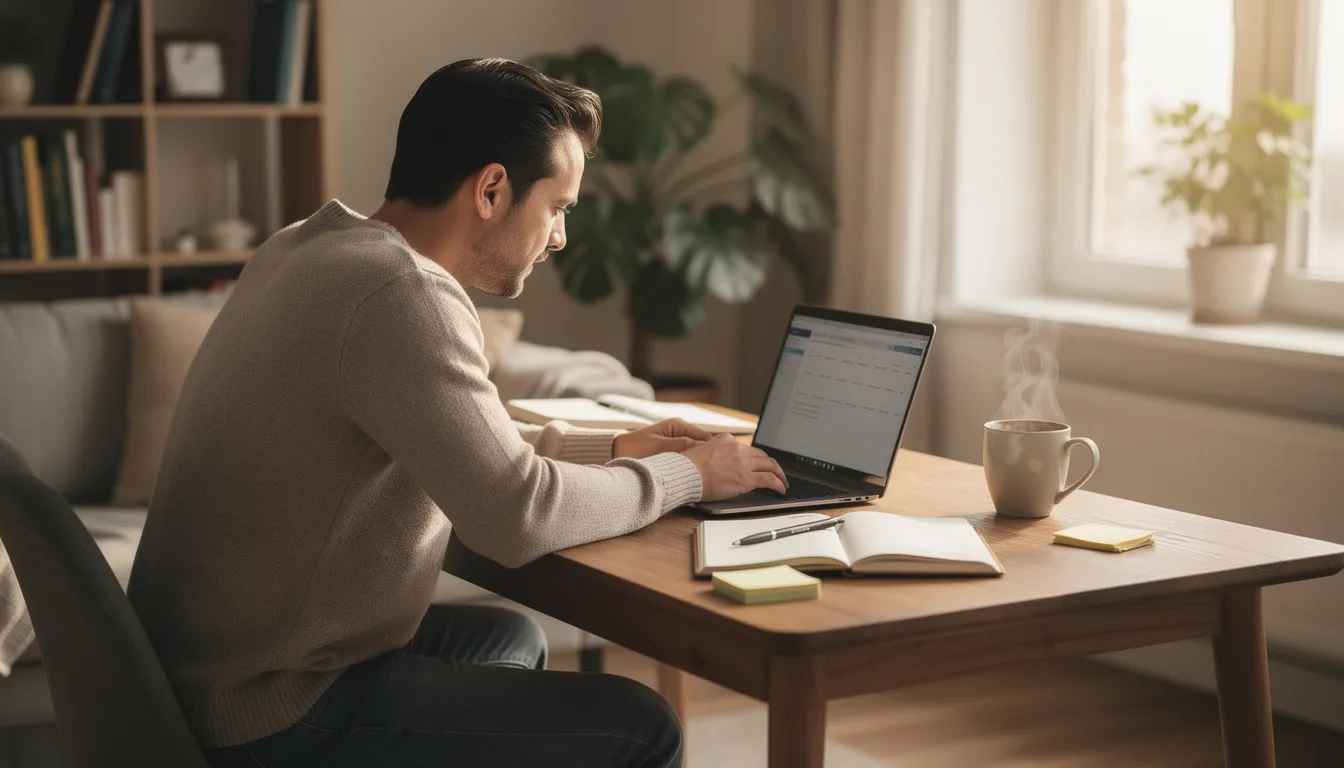 An adult student is sitting at a desk at home, focused on their laptop while sipping coffee from a nearby cup, engaged in their online degree program. This scene reflects the dedication of online college students pursuing their education goals, often seeking financial aid and scholarship opportunities to support their academic journey.