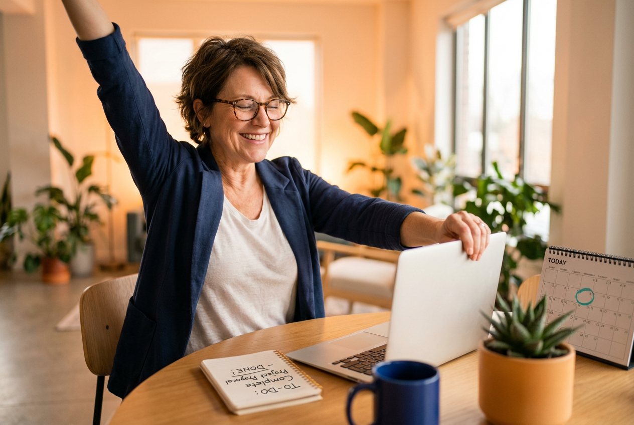 Adult learner closing laptop after studying