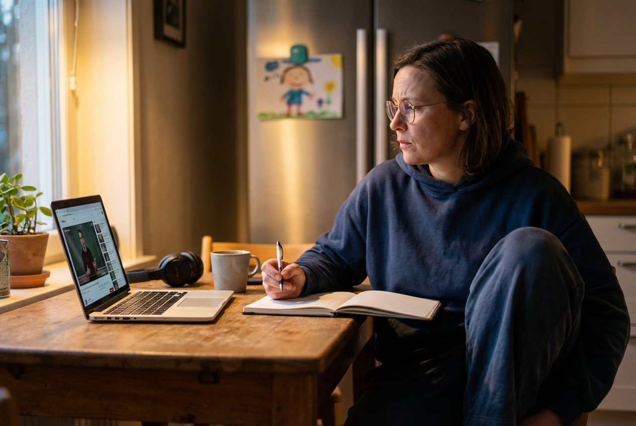 Adult learner studying at a kitchen table in the evening with a laptop and notebook, a child’s drawing visible on the fridge in the background to suggest family-life balance.