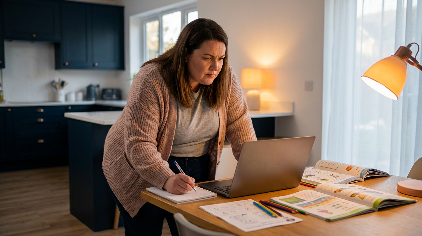 Adult learner studying at a kitchen table in the evening with a laptop and notepad, a child’s homework nearby, lit by warm window light and a soft lamp, with a shallow depth of field to keep focus on the study materials.