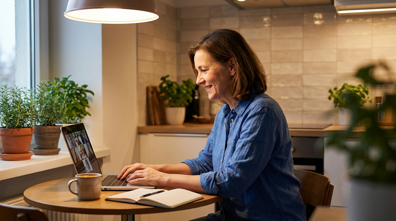 Adult learner smiling during an online class at a kitchen table in the evening, with a laptop, notebook, and mug on the table and a warm kitchen background with plants.