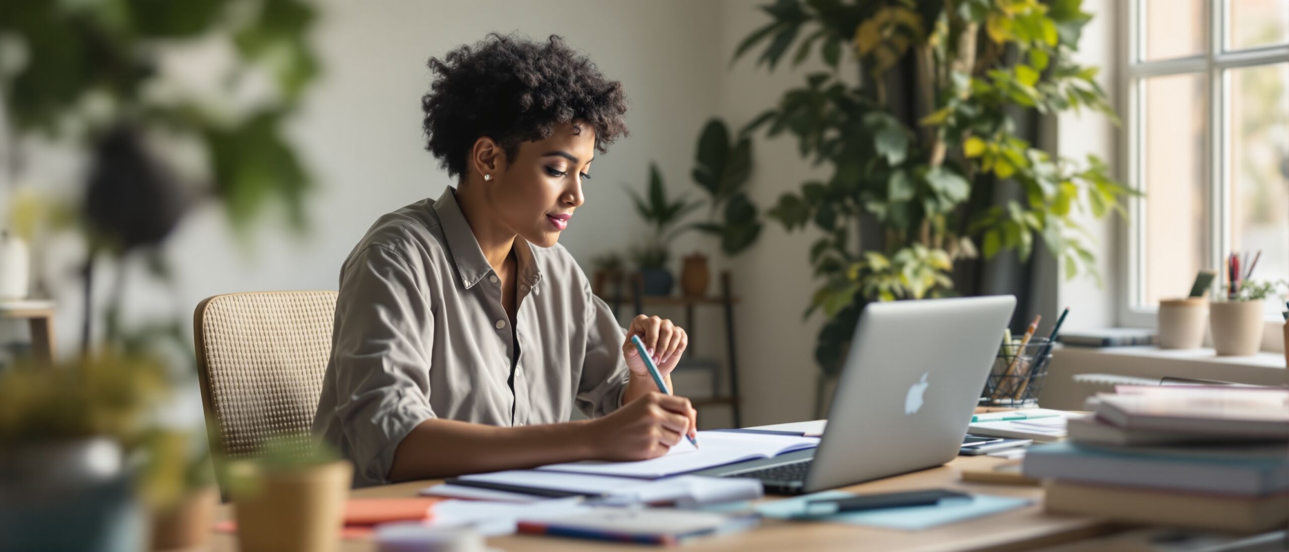 A woman sits at a bright desk writing in a notebook while working on a laptop, surrounded by books and indoor plants.