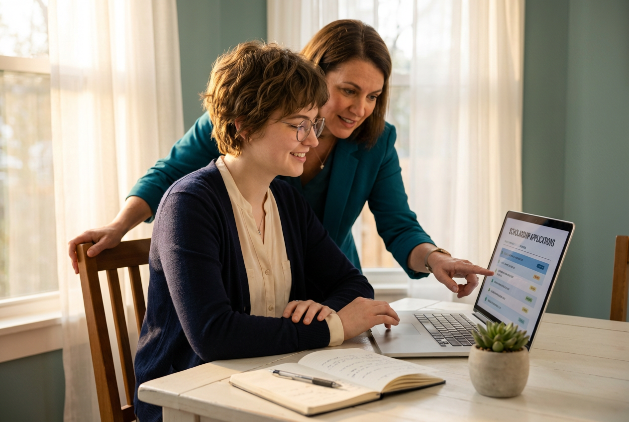 A student and a supportive advisor collaborate over a laptop at a bright kitchen table near a window, warm natural light illuminating the scene; the advisor stands behind the seated student, pointing at the screen with a calm, encouraging expression. The background is clean and minimal with a small plant and notebook in the foreground.