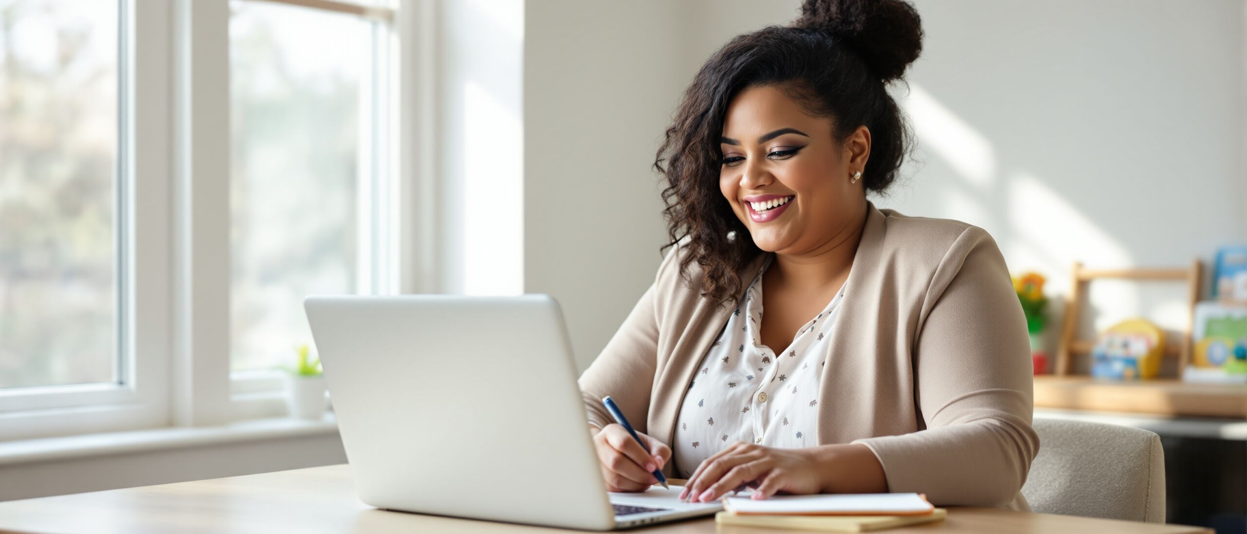 A smiling woman sits at a bright desk writing notes while studying on a laptop in a comfortable home setting.
