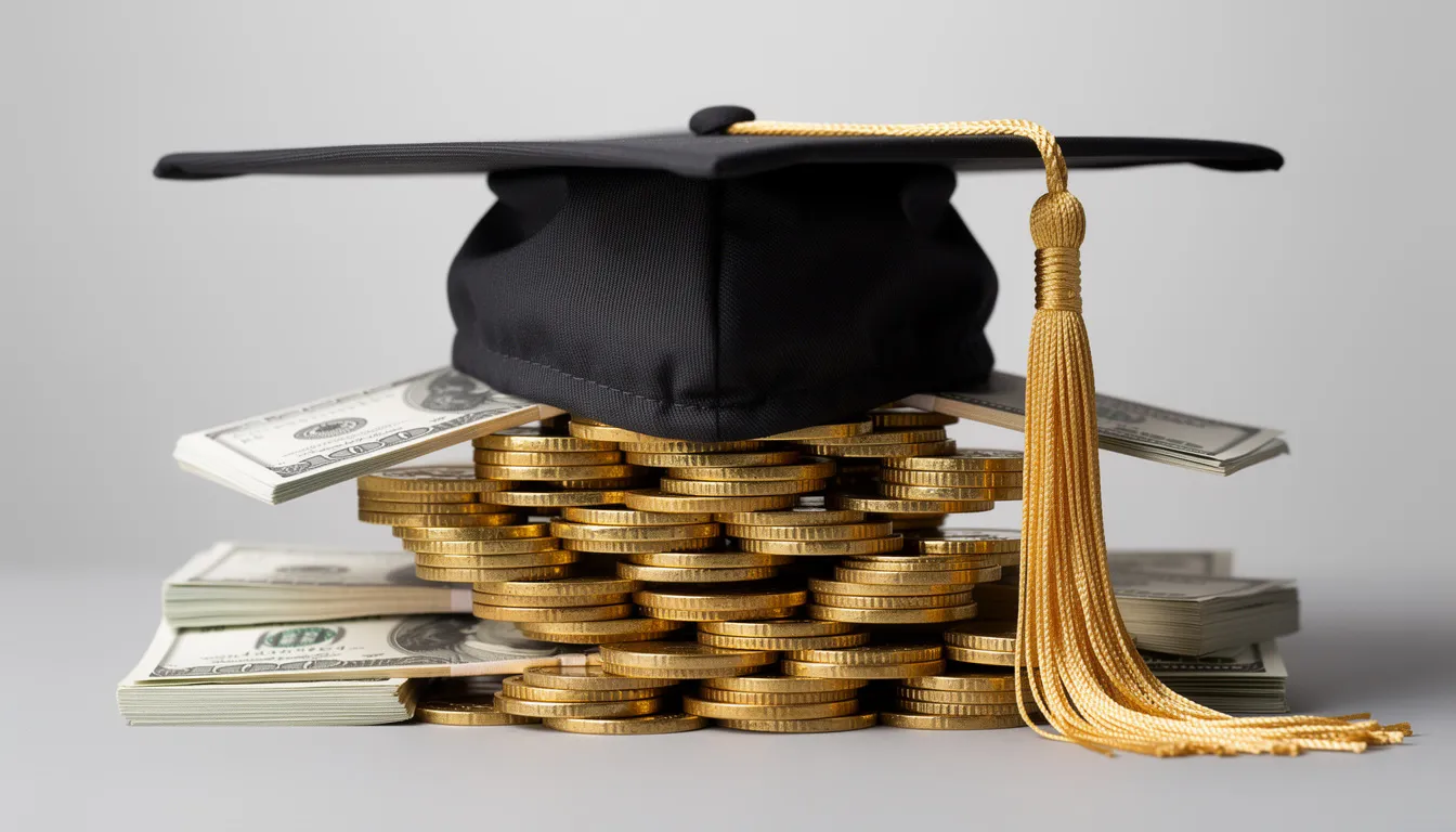 A graduation cap is placed on a stack of coins and dollar bills, symbolizing the financial support and scholarship opportunities available to undergraduate and graduate students pursuing their college education. This image reflects the importance of financial aid options, such as federal student loans and private scholarships, in helping students achieve their educational goals.
