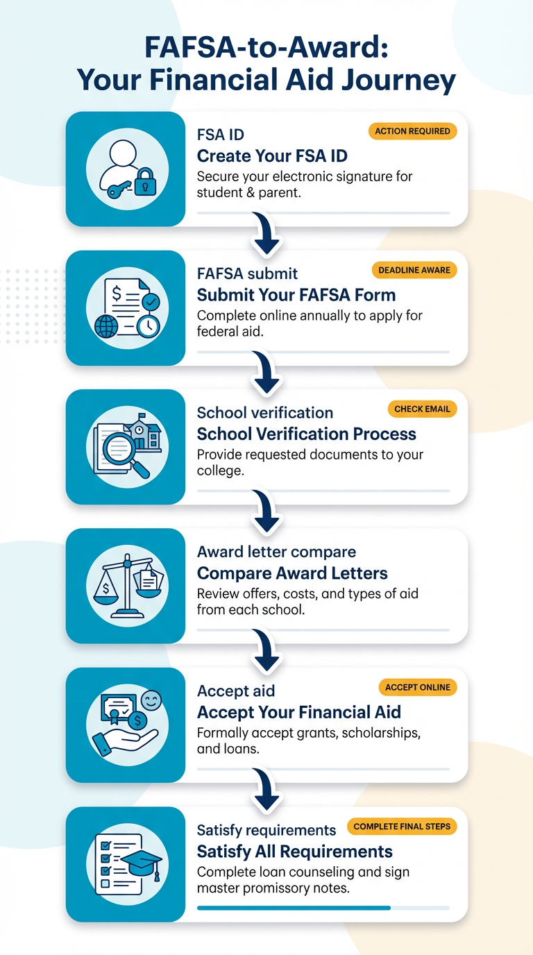 Vertical infographic flowchart showing six FAFSA-to-award steps (FSA ID, FAFSA submit, school verification, award letter compare, accept aid, satisfy requirements) with rounded icons and color-coded cards to highlight actions and next steps.