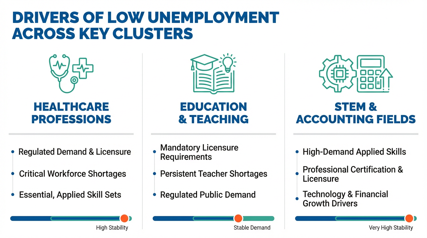 Infographic with three columns for Healthcare, Education, and STEM/Accounting showing icons and short callouts explaining why these clusters have low unemployment—licensure, shortages, regulated demand, and applied skills, with small simple charts under each cluster.