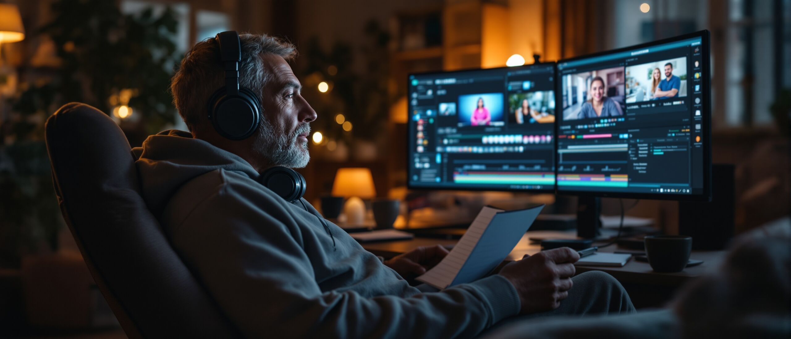 Adult learner at a cozy home film editing setup with dual ultra-wide monitors showing a video timeline and color grading tools, headphones, notebook, and coffee in a softly lit living room studio.