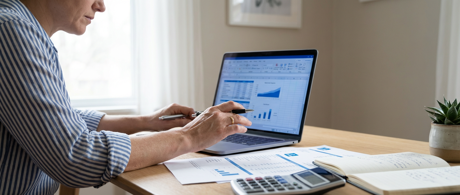 Over-the-shoulder view of an adult entering numbers into a laptop while checking printed financial statements and a calculator on a clean, well-lit desk.