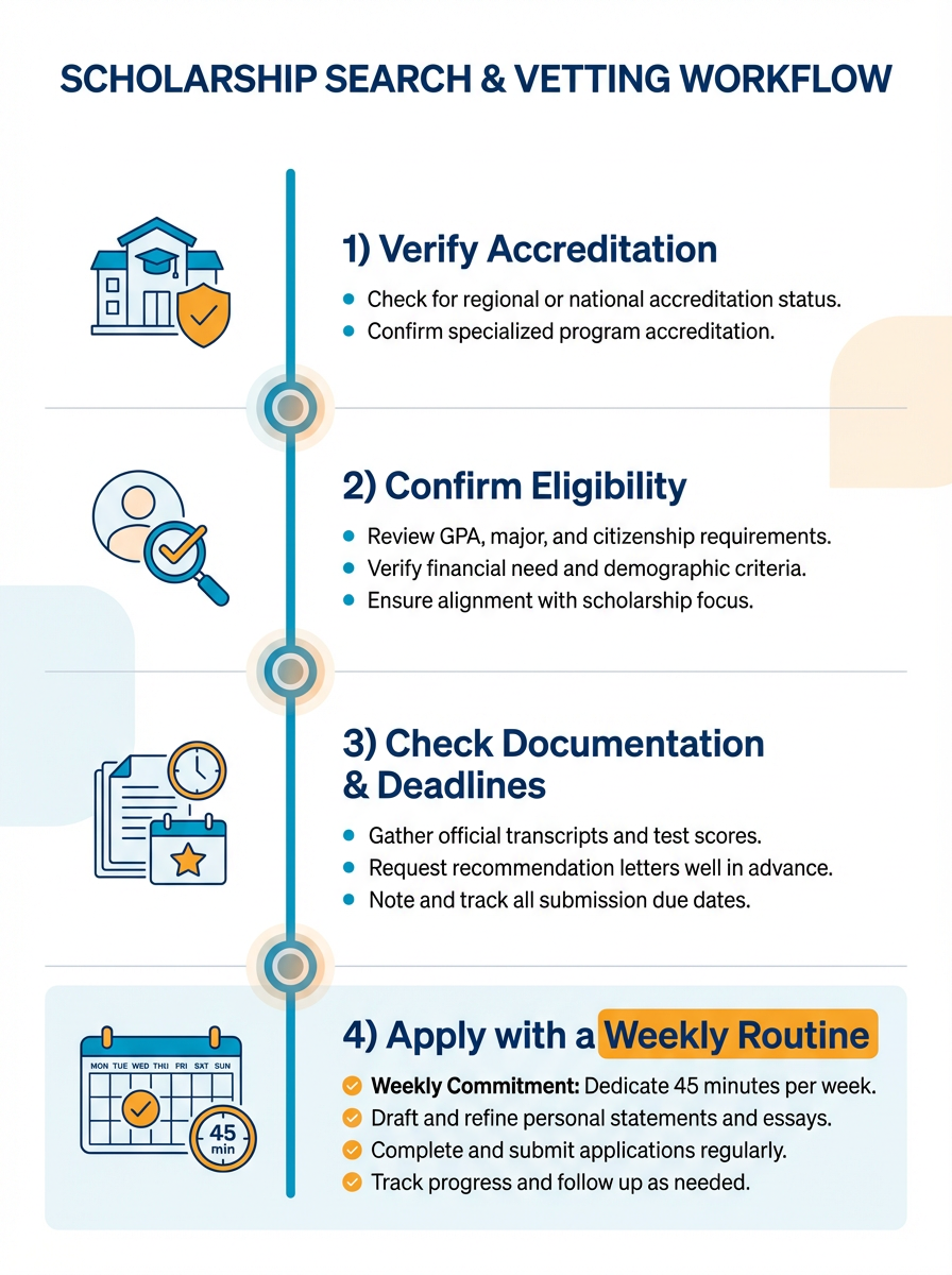 Vertical infographic showing a four-step scholarship search and vetting workflow as a timeline with icons for accreditation, eligibility, documents and deadlines, and a weekly 45-minute application routine represented by a small weekly planner and checklist. Clean white background, bold headings, and brand color accents guide the reader through each step.