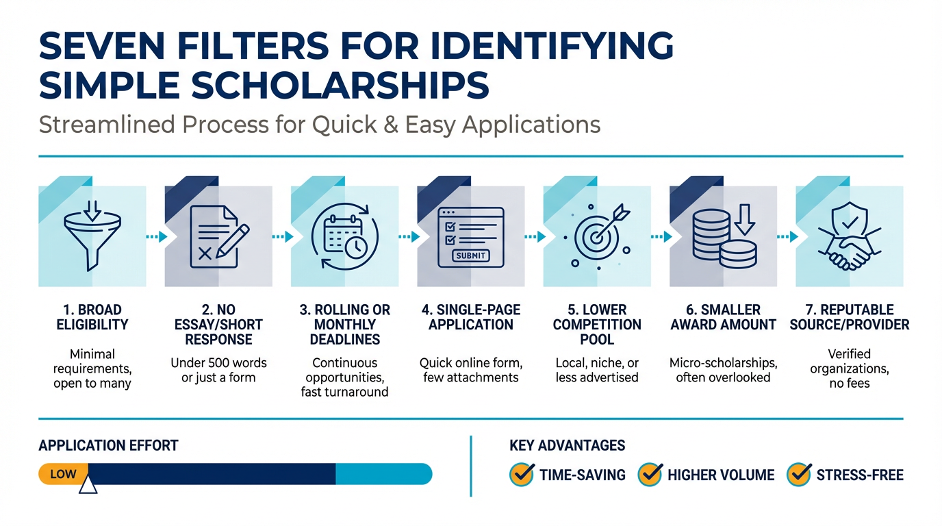 Infographic showing seven sequential filters for spotting simple scholarships, arranged left-to-right with icons and short labels, in a bold geometric style using navy and cyan accents on a white background.