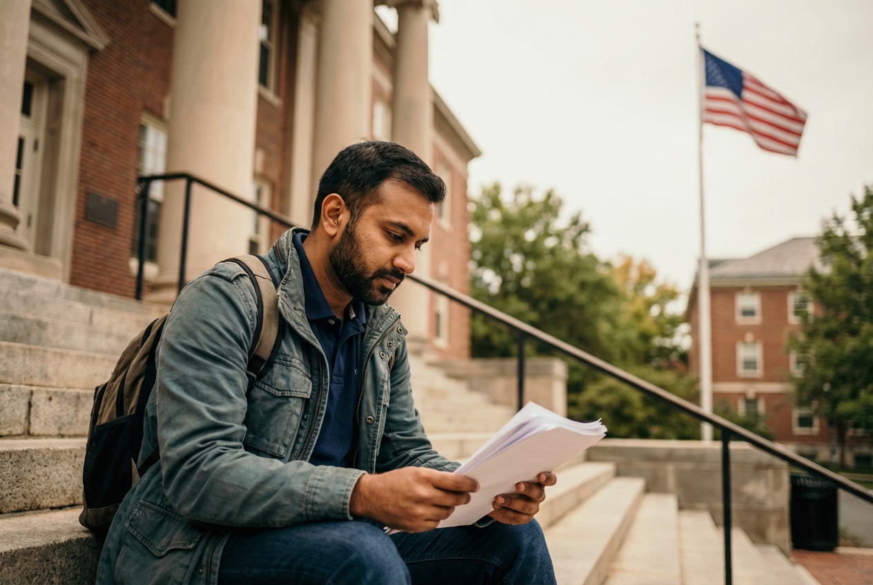 Veteran student seated on campus steps reviewing paperwork with a backpack nearby, a brick academic building behind him and an American flag softly visible in the distance.
