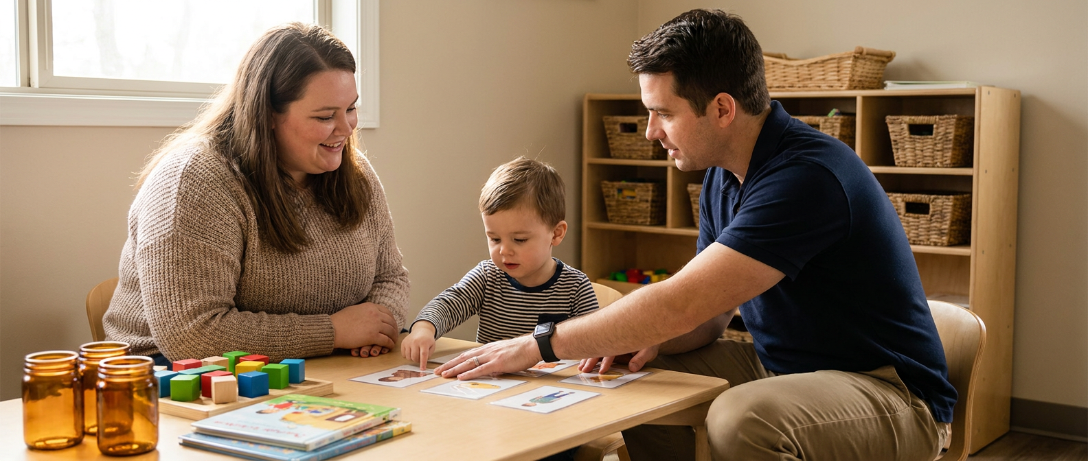 Behavioral health professional guiding a child and caregiver with printed learning materials in a calm therapy setting.