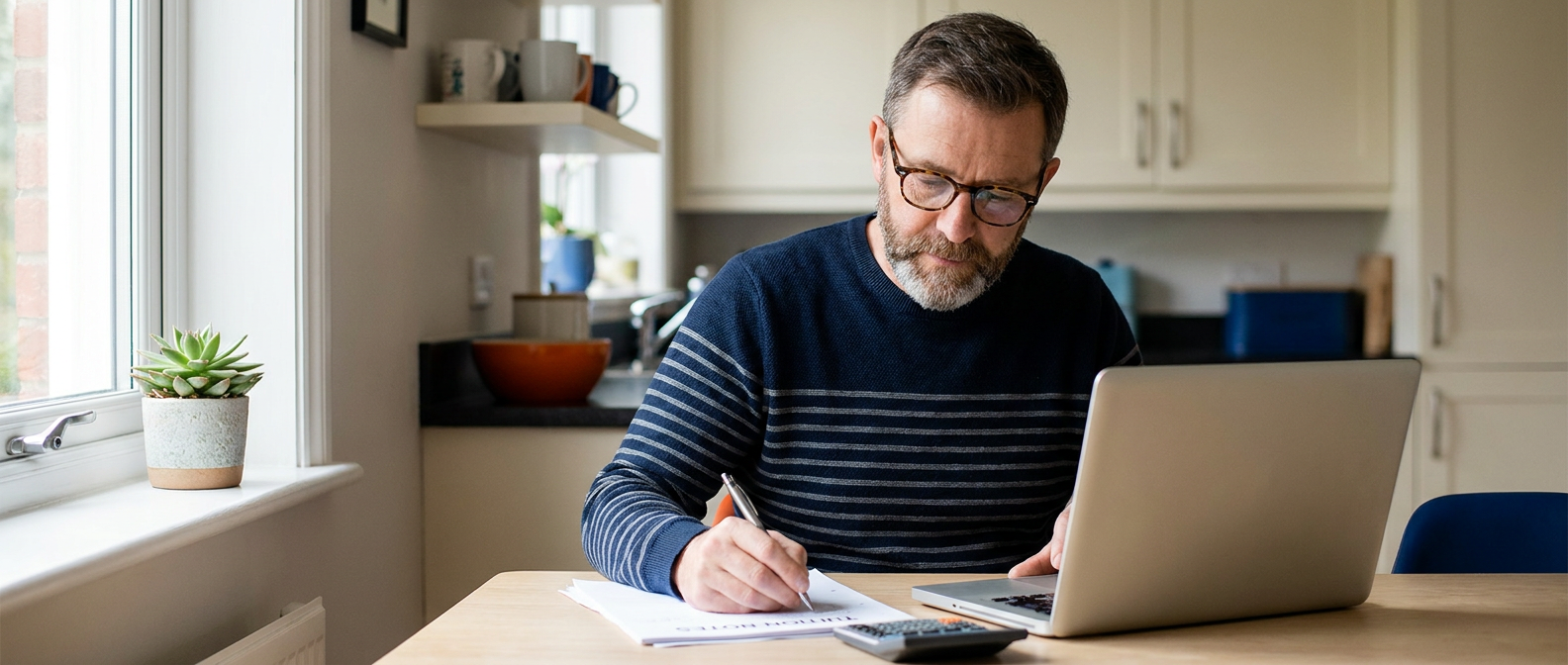 Adult learner in their 50s reviews tuition notes at a kitchen table with a laptop and calculator in soft morning light.