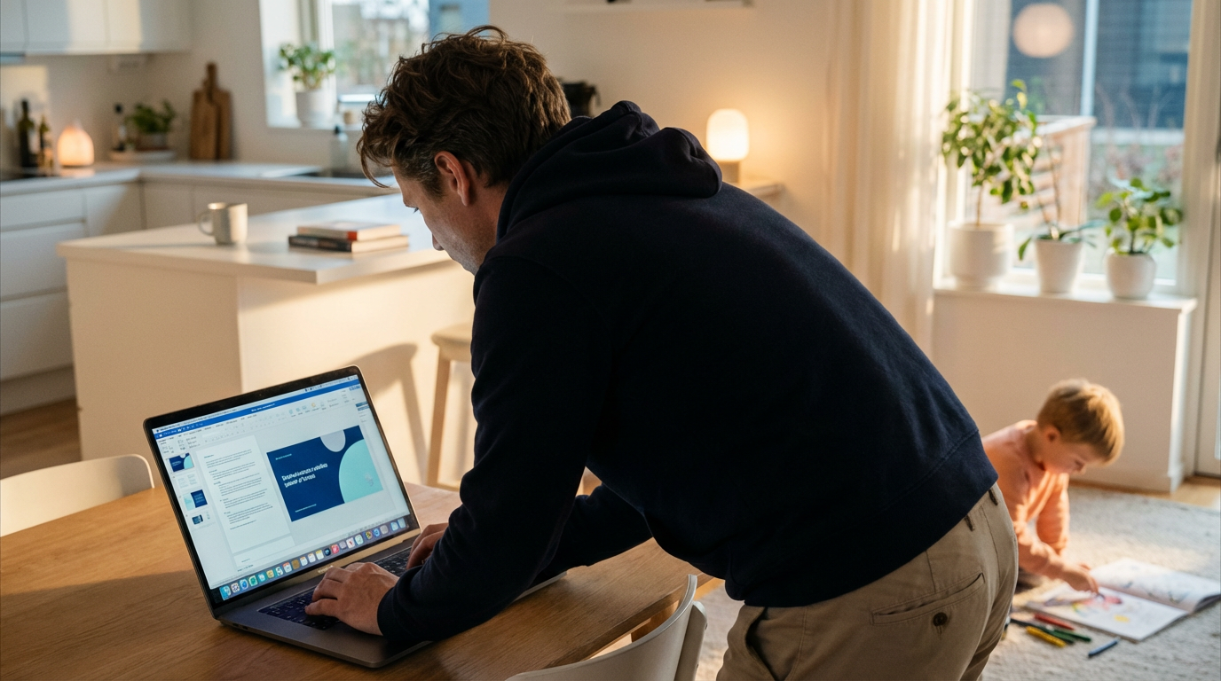 An adult learner studies intently on a laptop at a kitchen table in the evening while a child colors nearby, lit by warm window light in a clean, open-plan kitchen.