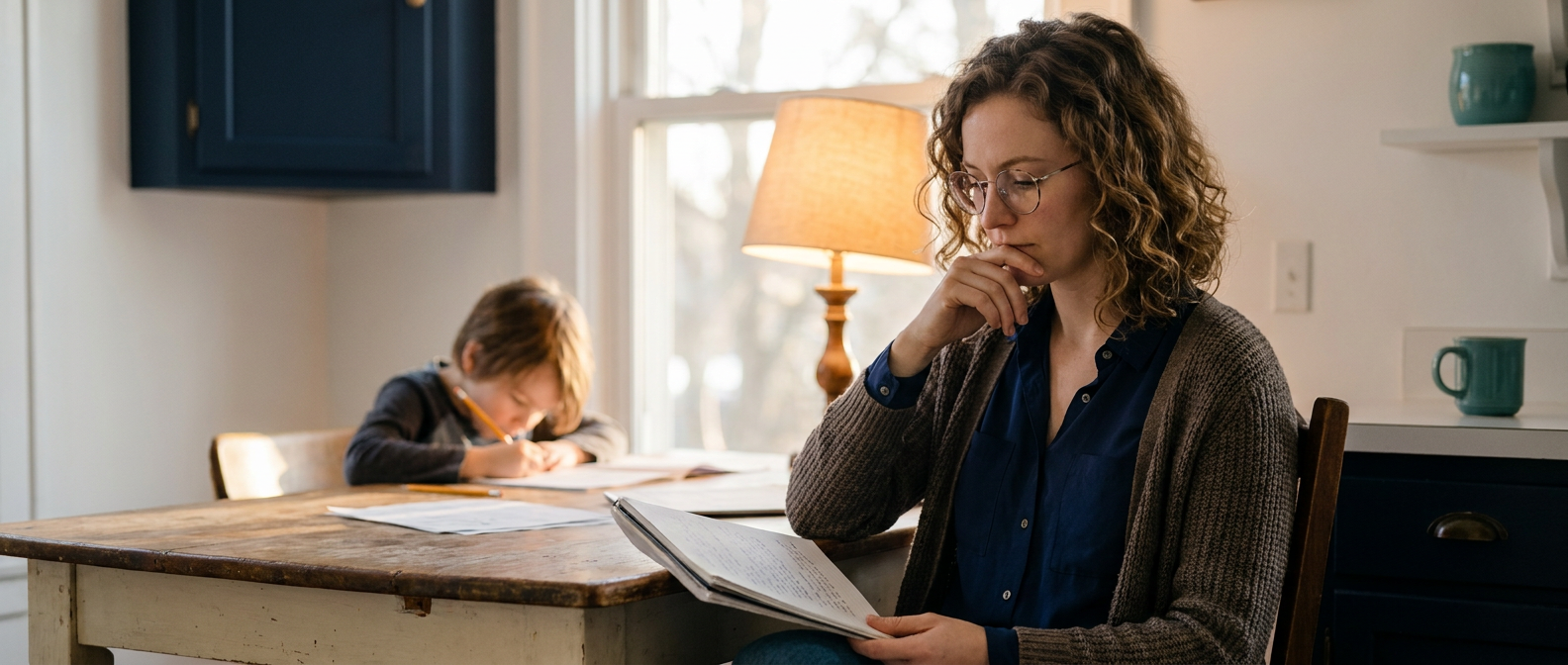 Adult learner reading notes at a kitchen table in warm evening light while a child does homework nearby, showing a calm balance between study and family life.
