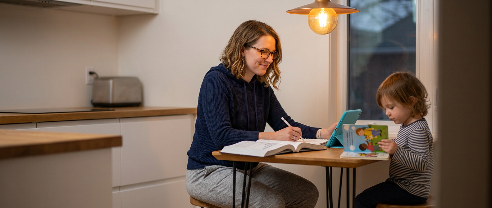 Adult learner studying at a kitchen table in the evening, balancing a textbook and tablet while a child reads nearby, lit by soft window and pendant light to convey family and study balance.