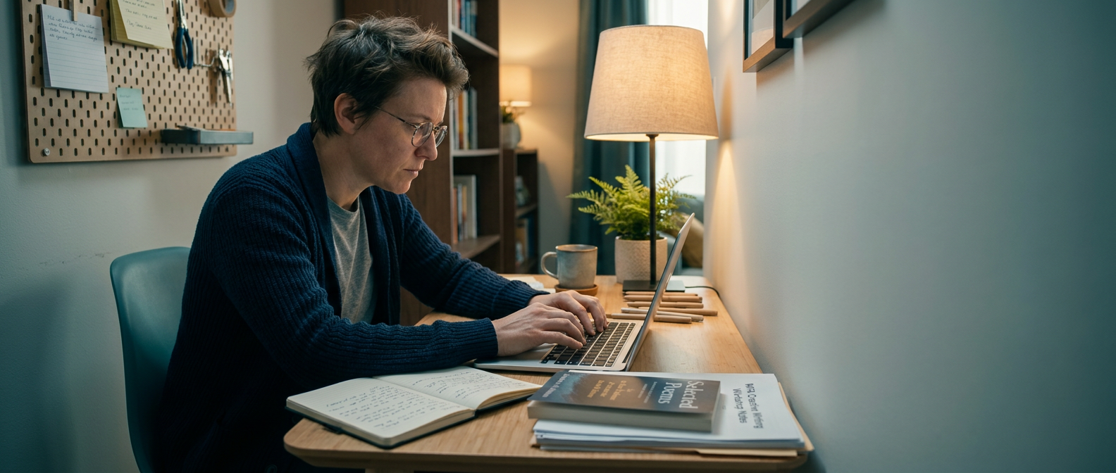 Adult learner typing on a laptop at a tidy home desk with MFA creative writing notes, open notebook, and warm lamp light, bookshelf and plant softly blurred in the background.