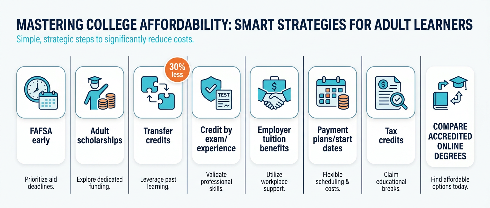 Affordable education infographic with seven clean icon-based strategies for adult learners, including FAFSA, scholarships, transfer credits, employer aid, payment plans, and tax credits.