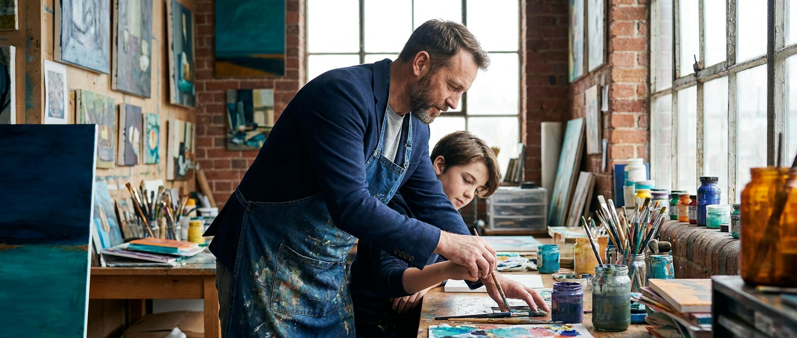 Art educator demonstrating painting technique in a studio classroom.