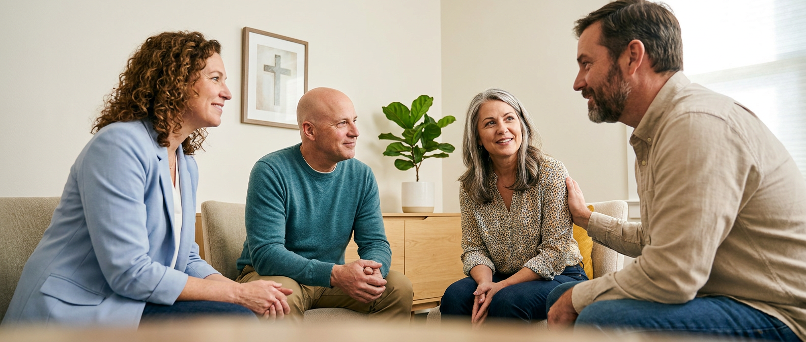 A small group of adults sits together in a welcoming room, engaged in a supportive discussion led by a facilitator.