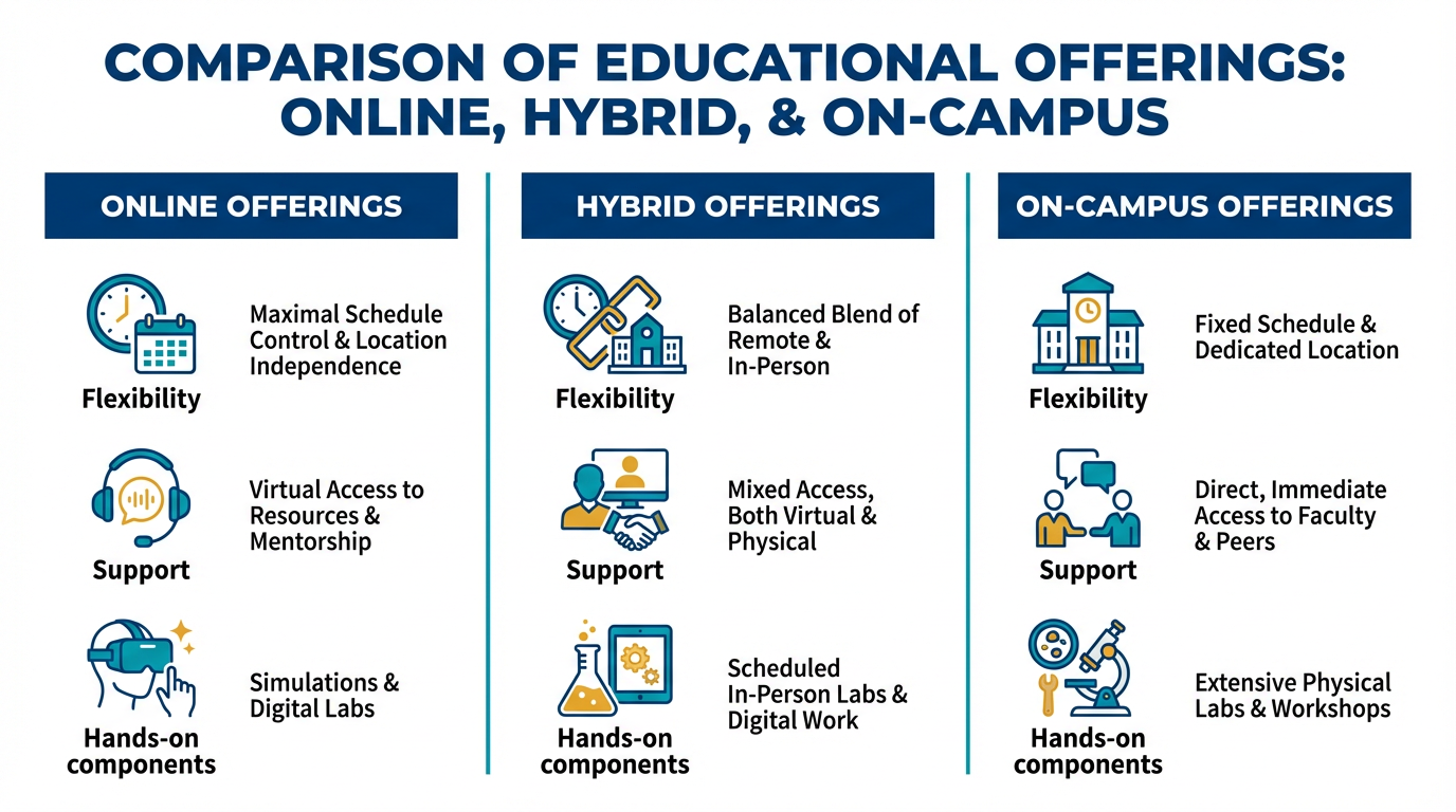 Three-column infographic comparing Online, Hybrid, and On-Campus learning with bold blue headers, teal accents, and gold highlights; each column shows icons and short labels for flexibility, support, and hands-on components on a clean white background.